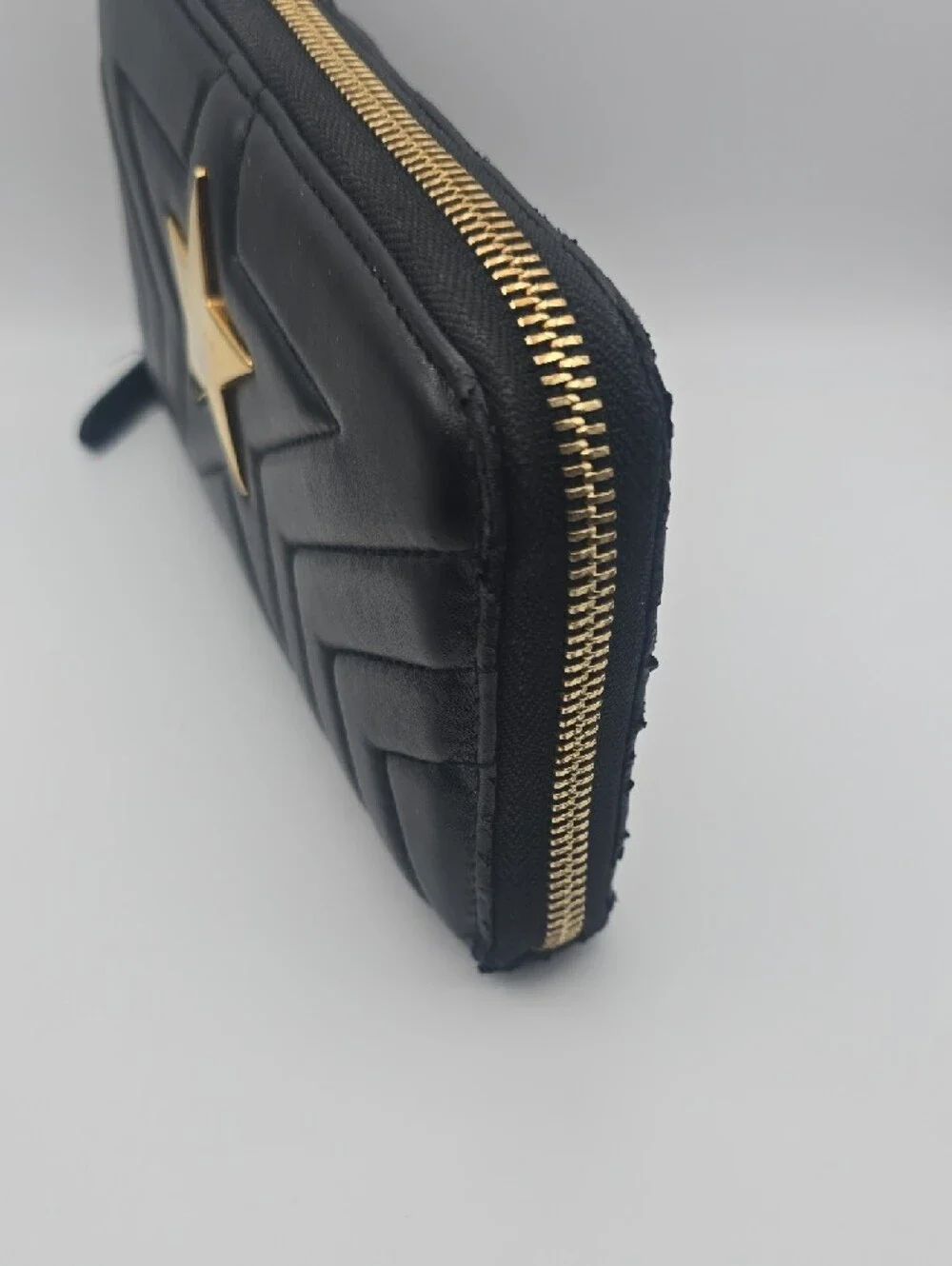 Stella McCartney Black Quilted Zip-Around Wallet with Gold Star